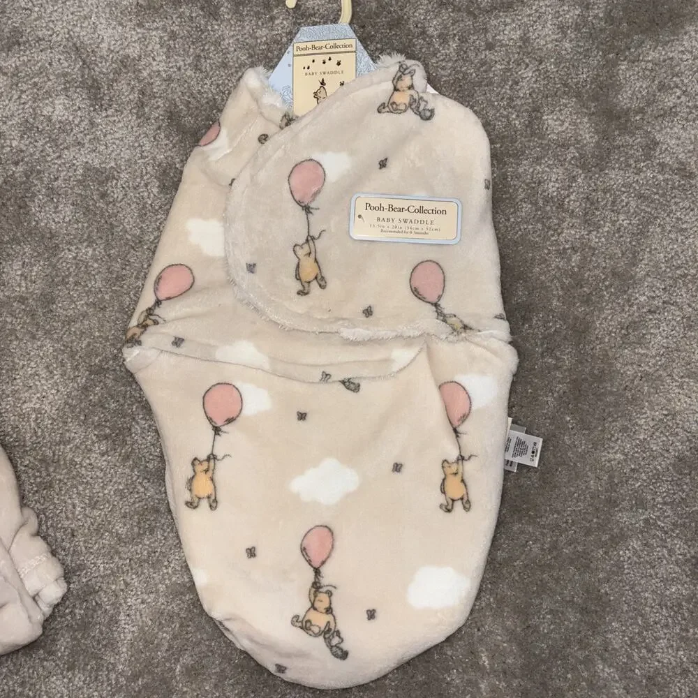 Winnie the Pooh Bear Collection Disney Plush Baby Blanket & Swaddle Balloon New